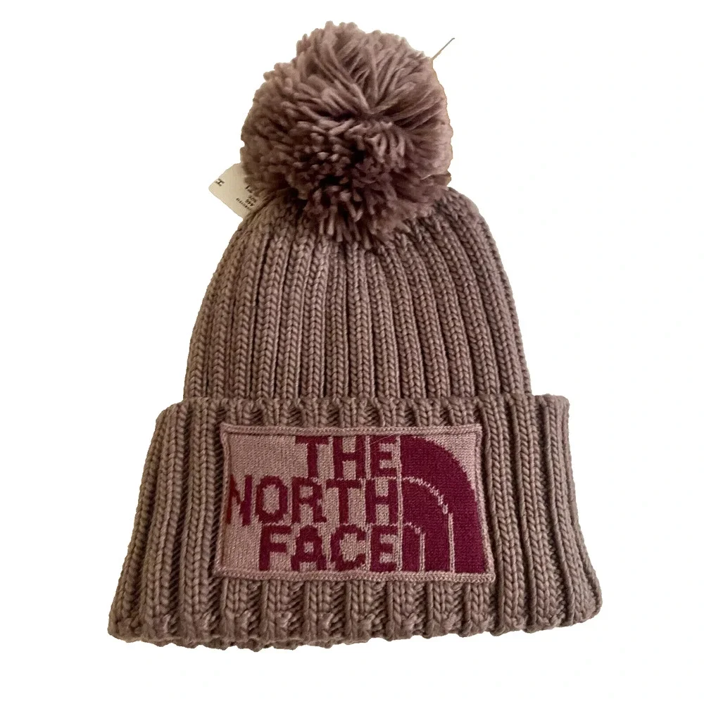 The North Face Heritage Ski Tuke Hat Fawn Grey/Boysenberry Beanie Logo Pom Pom